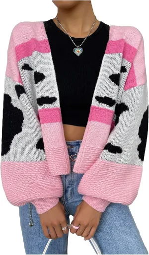 MakeMeChic Women's 3D Floral Open Front Cropped Cute Cardigan Sweater Lantern Sleeve Outerwear