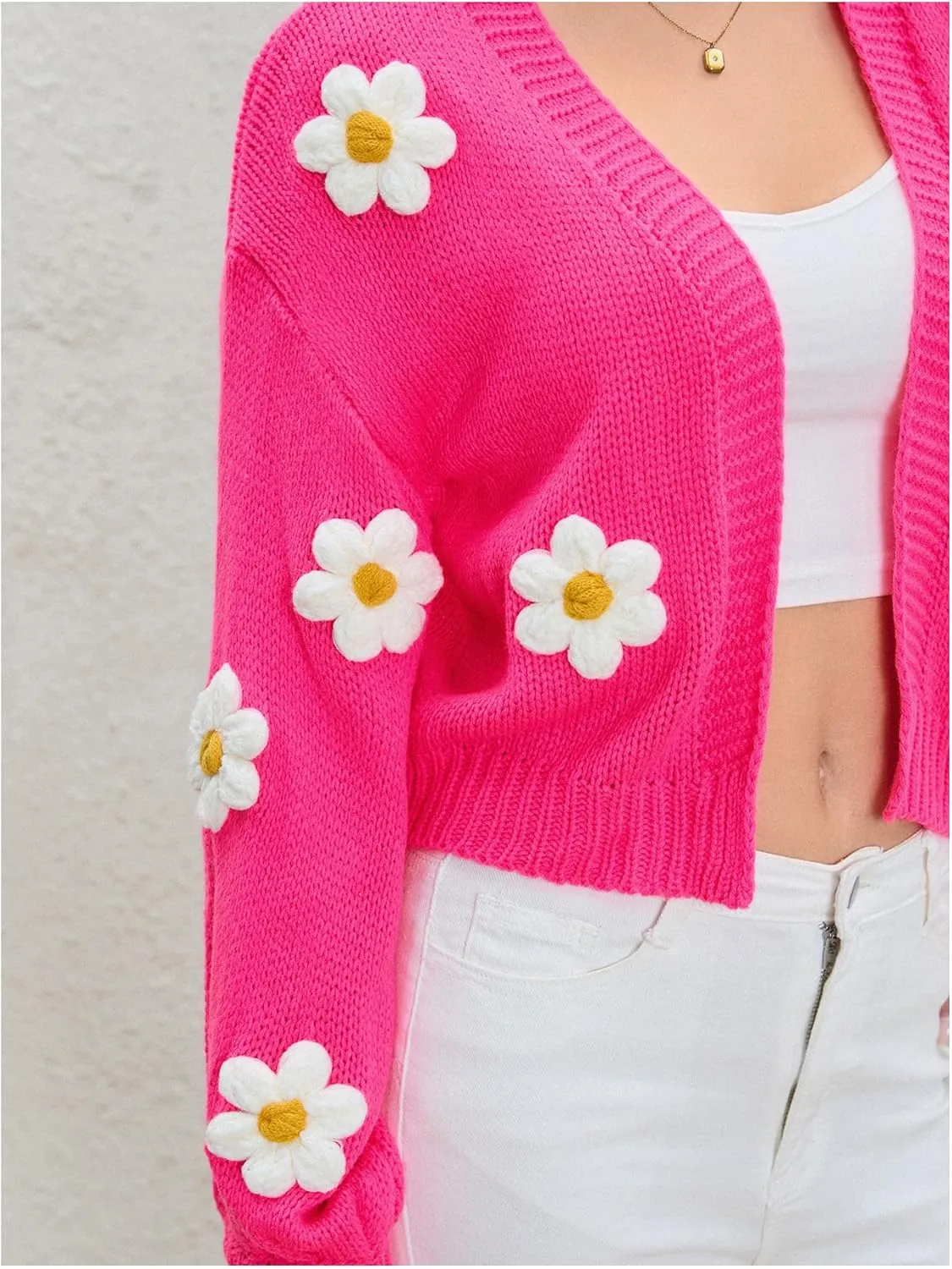 MakeMeChic Women's 3D Floral Open Front Cropped Cute Cardigan Sweater Lantern Sleeve Outerwear