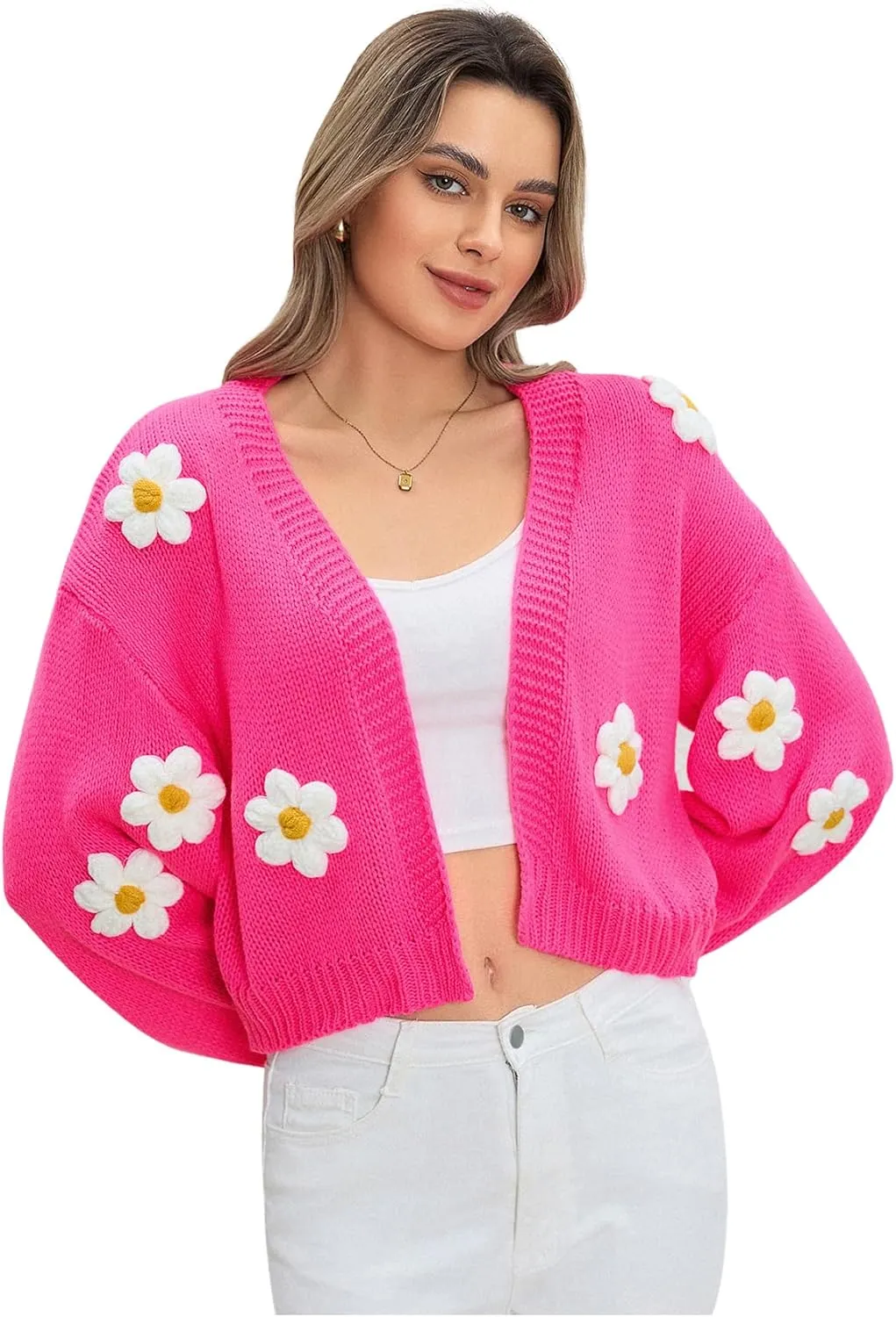 MakeMeChic Women's 3D Floral Open Front Cropped Cute Cardigan Sweater Lantern Sleeve Outerwear