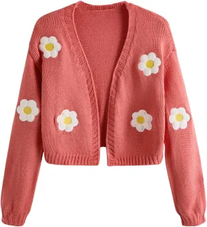 MakeMeChic Women's 3D Floral Open Front Cropped Cute Cardigan Sweater Lantern Sleeve Outerwear