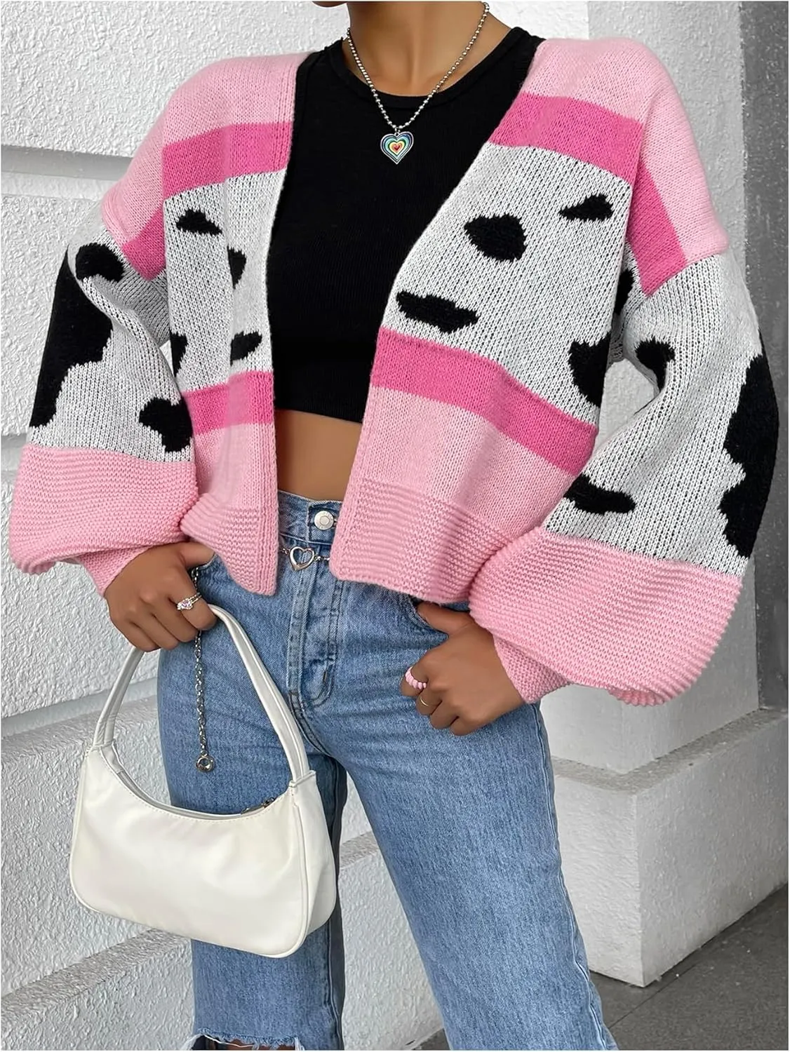 MakeMeChic Women's 3D Floral Open Front Cropped Cute Cardigan Sweater Lantern Sleeve Outerwear