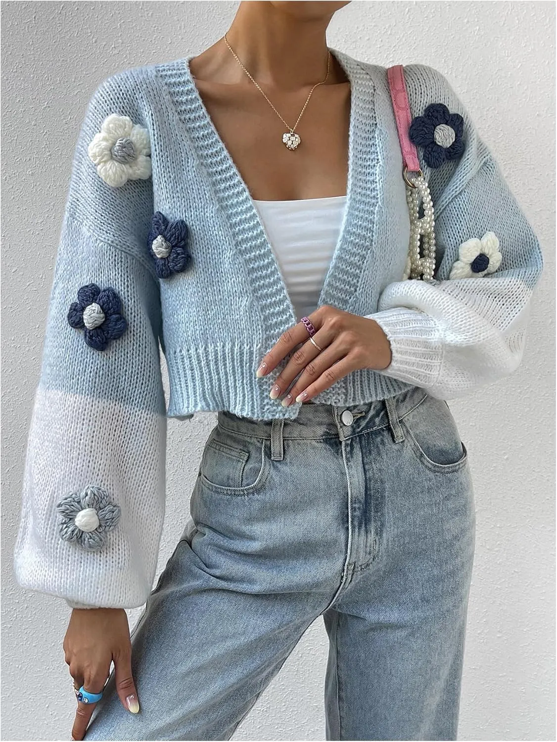 MakeMeChic Women's 3D Floral Open Front Cropped Cute Cardigan Sweater Lantern Sleeve Outerwear