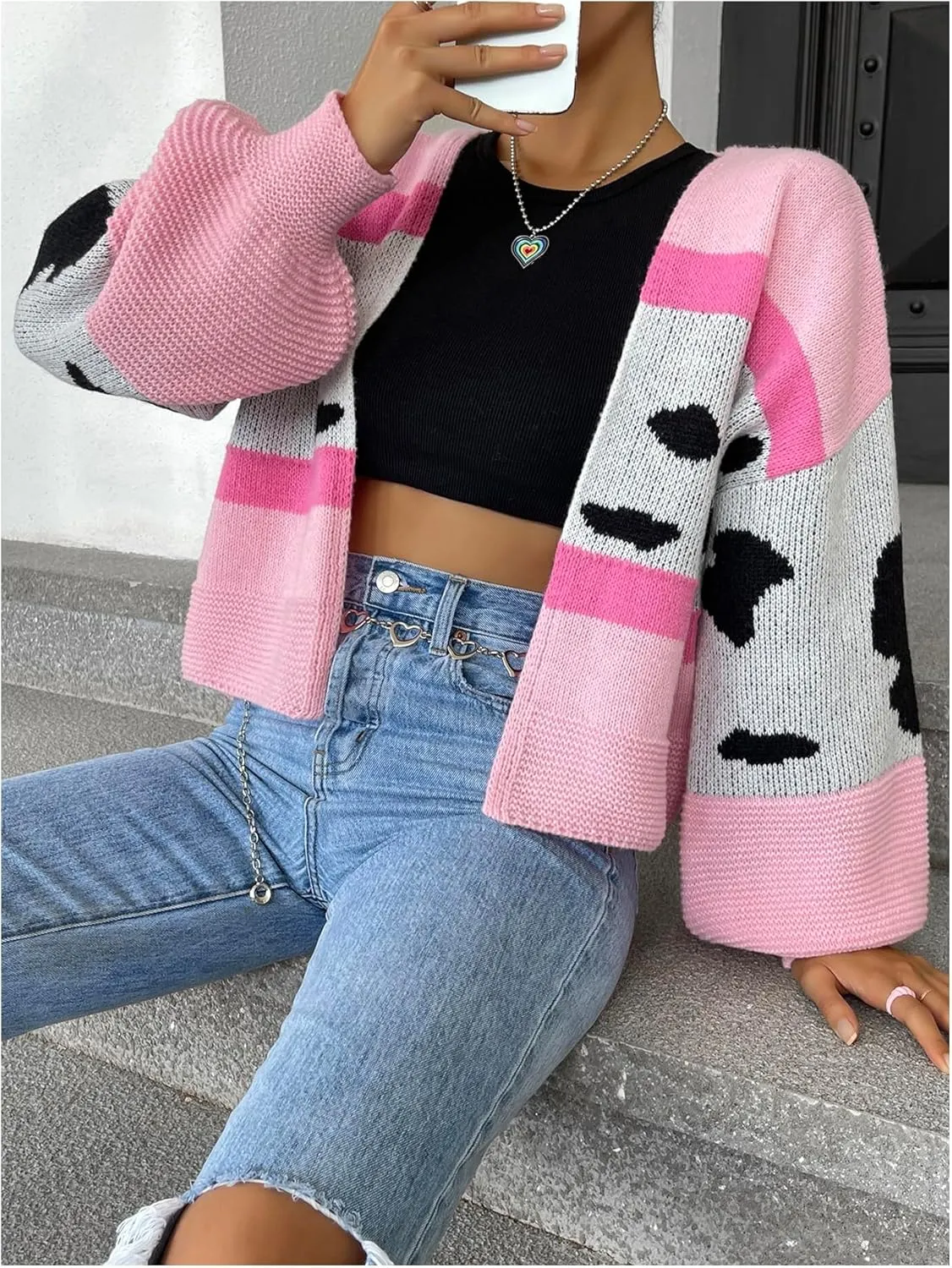 MakeMeChic Women's 3D Floral Open Front Cropped Cute Cardigan Sweater Lantern Sleeve Outerwear
