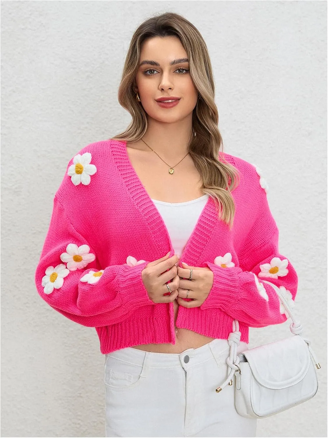 MakeMeChic Women's 3D Floral Open Front Cropped Cute Cardigan Sweater Lantern Sleeve Outerwear