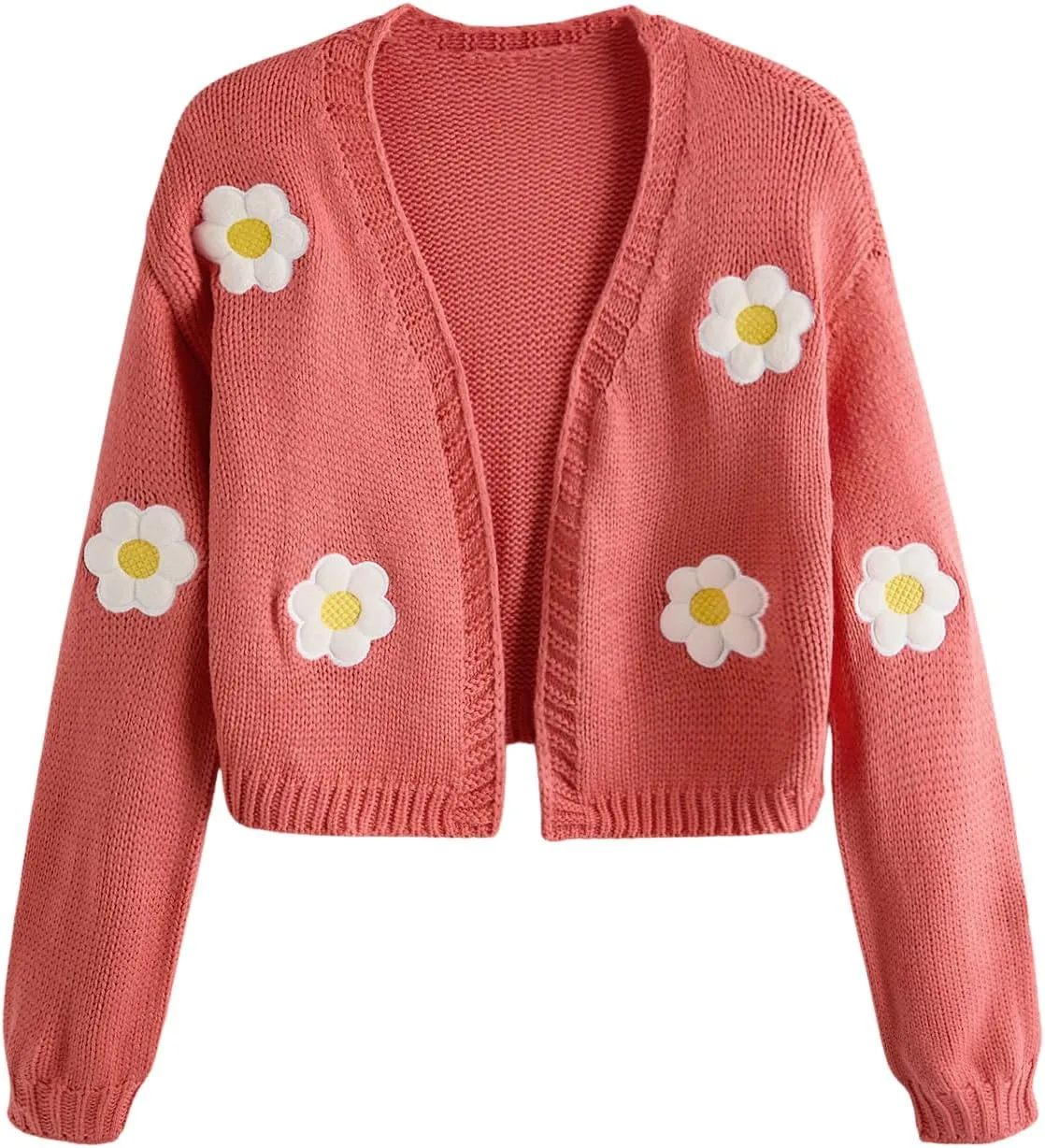 MakeMeChic Women's 3D Floral Open Front Cropped Cute Cardigan Sweater Lantern Sleeve Outerwear