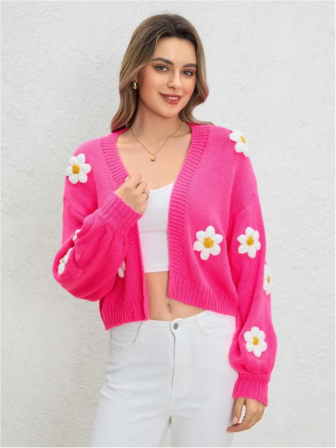 MakeMeChic Women's 3D Floral Open Front Cropped Cute Cardigan Sweater Lantern Sleeve Outerwear