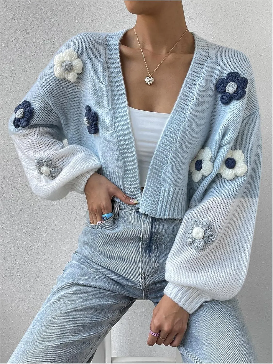 MakeMeChic Women's 3D Floral Open Front Cropped Cute Cardigan Sweater Lantern Sleeve Outerwear