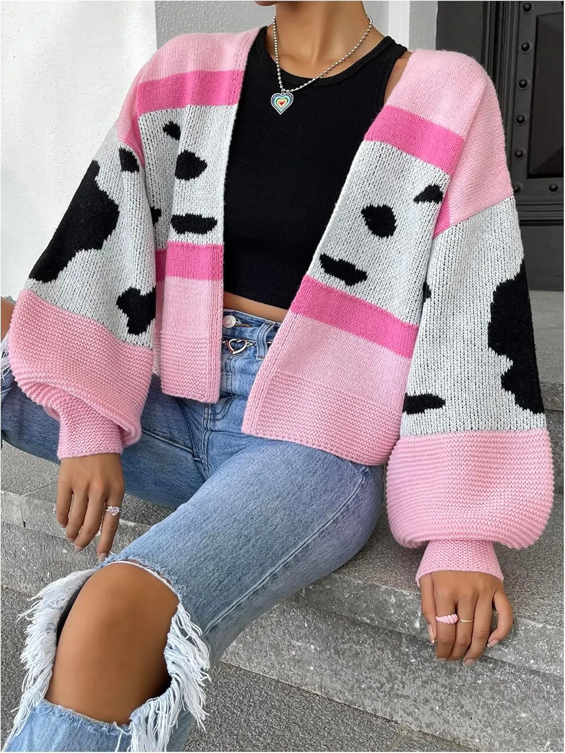MakeMeChic Women's 3D Floral Open Front Cropped Cute Cardigan Sweater Lantern Sleeve Outerwear