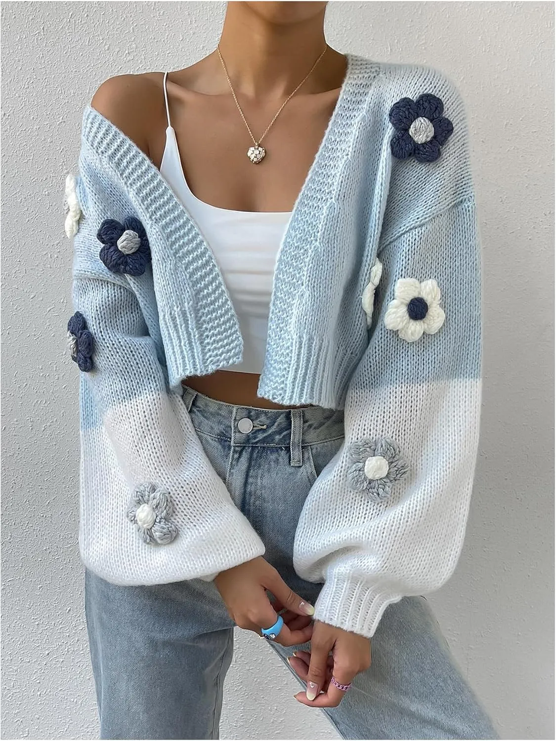 MakeMeChic Women's 3D Floral Open Front Cropped Cute Cardigan Sweater Lantern Sleeve Outerwear