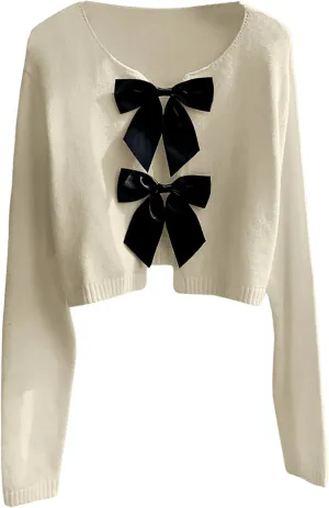 MakeMeChic Women's Bow Front Cardigan Pullover Crew Neck Long Sleeve Crop Sweater Outerwear