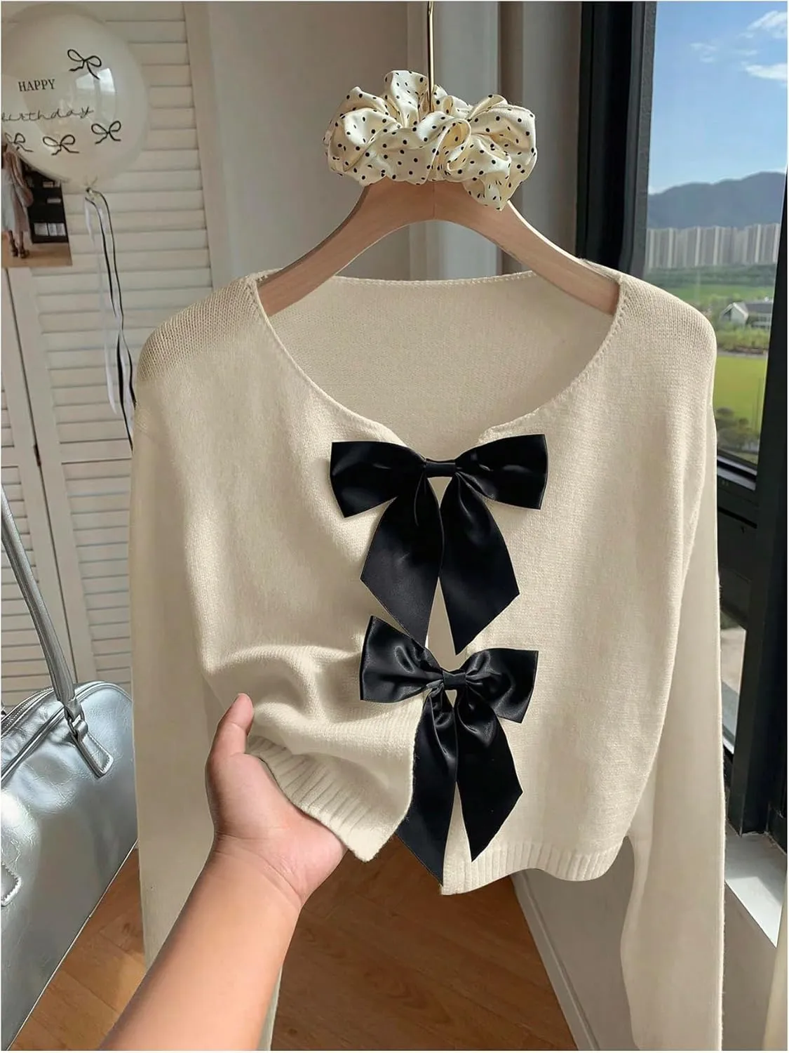 MakeMeChic Women's Bow Front Cardigan Pullover Crew Neck Long Sleeve Crop Sweater Outerwear