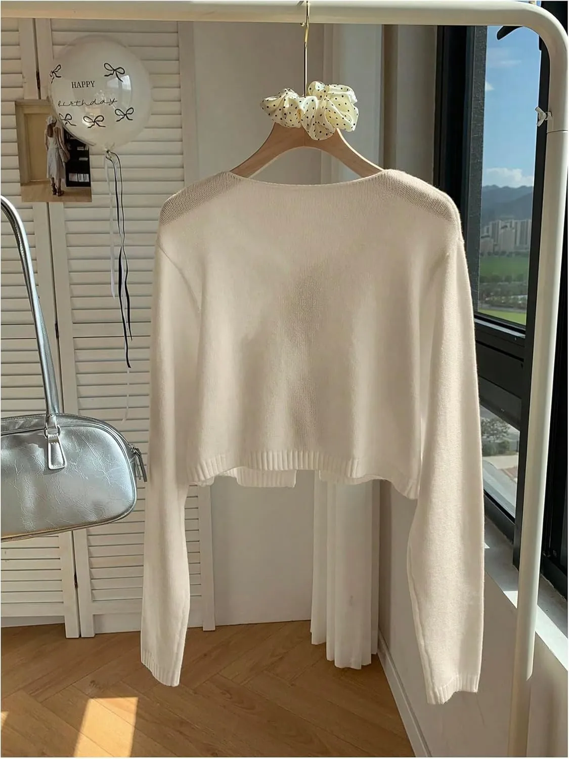 MakeMeChic Women's Bow Front Cardigan Pullover Crew Neck Long Sleeve Crop Sweater Outerwear