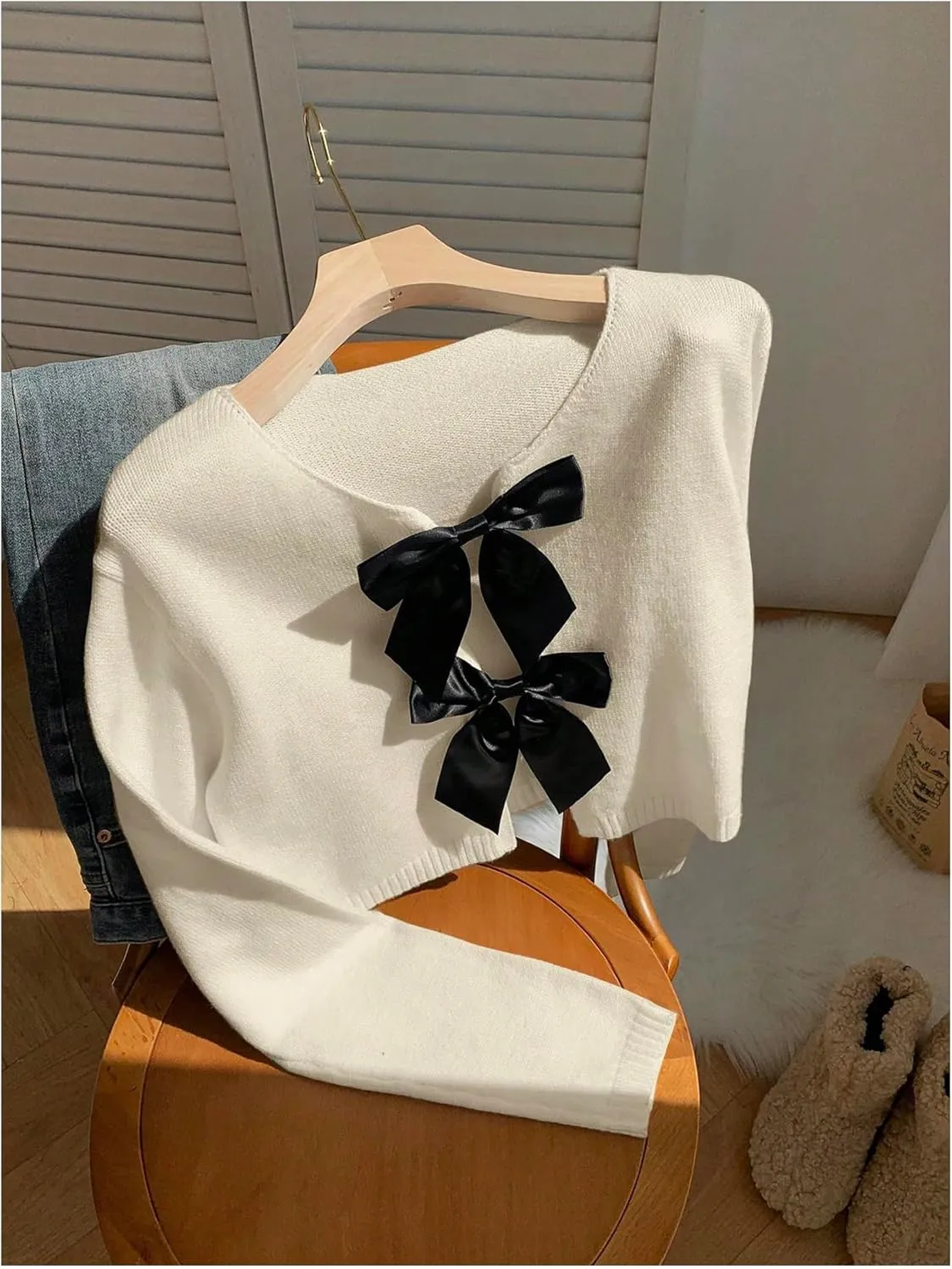 MakeMeChic Women's Bow Front Cardigan Pullover Crew Neck Long Sleeve Crop Sweater Outerwear