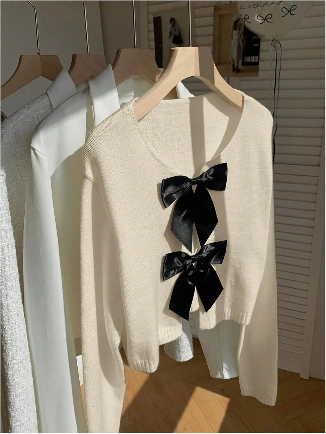 MakeMeChic Women's Bow Front Cardigan Pullover Crew Neck Long Sleeve Crop Sweater Outerwear