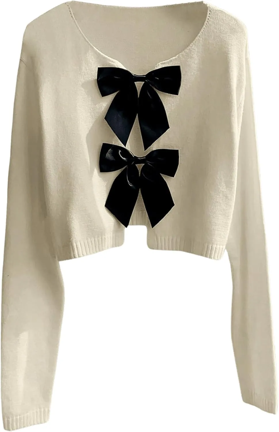 MakeMeChic Women's Bow Front Cardigan Pullover Crew Neck Long Sleeve Crop Sweater Outerwear