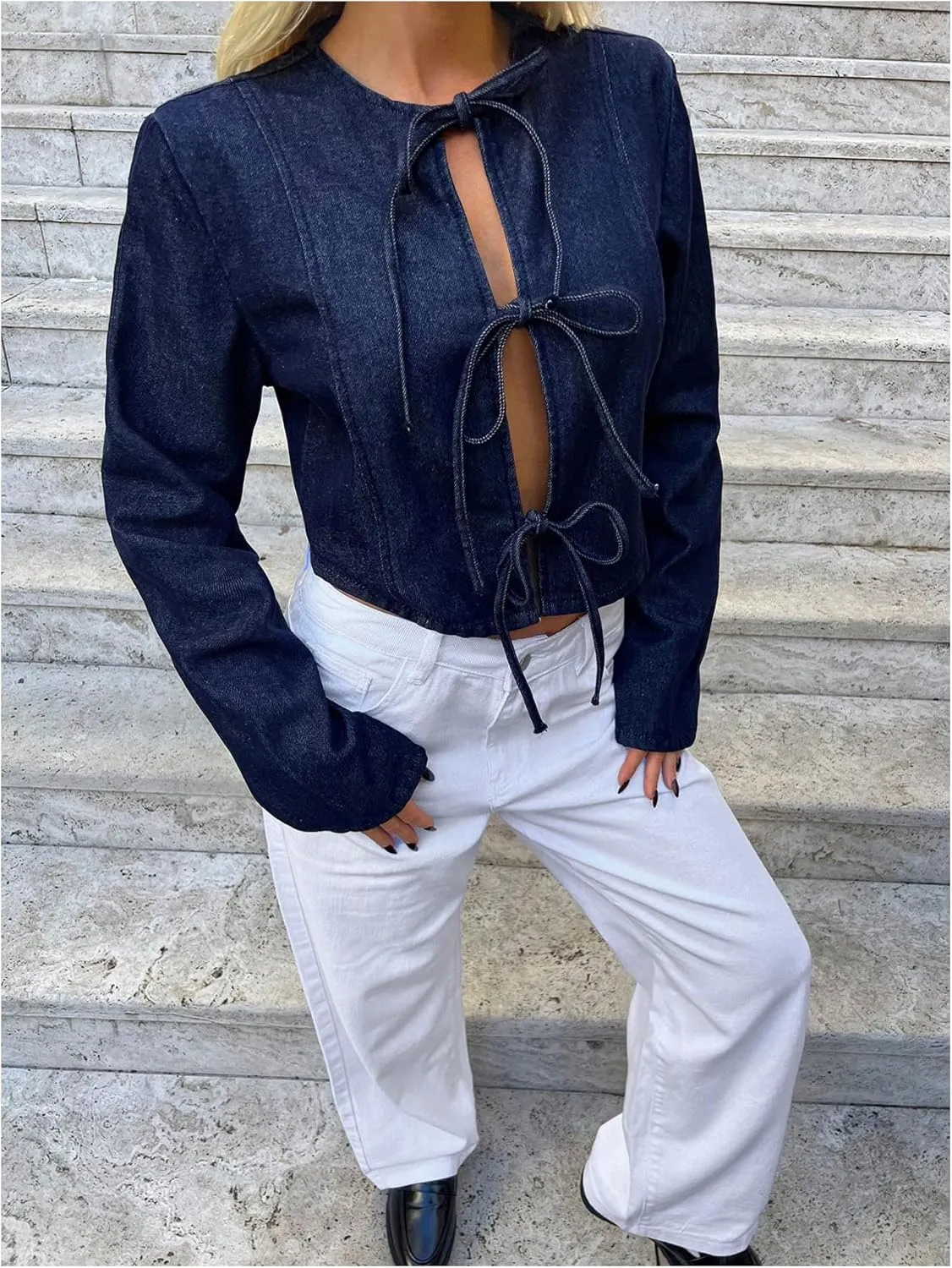MakeMeChic Women's Bow Tie Front Denim Jacket Y2k Long Sleeve Jean Jacket Outerwear