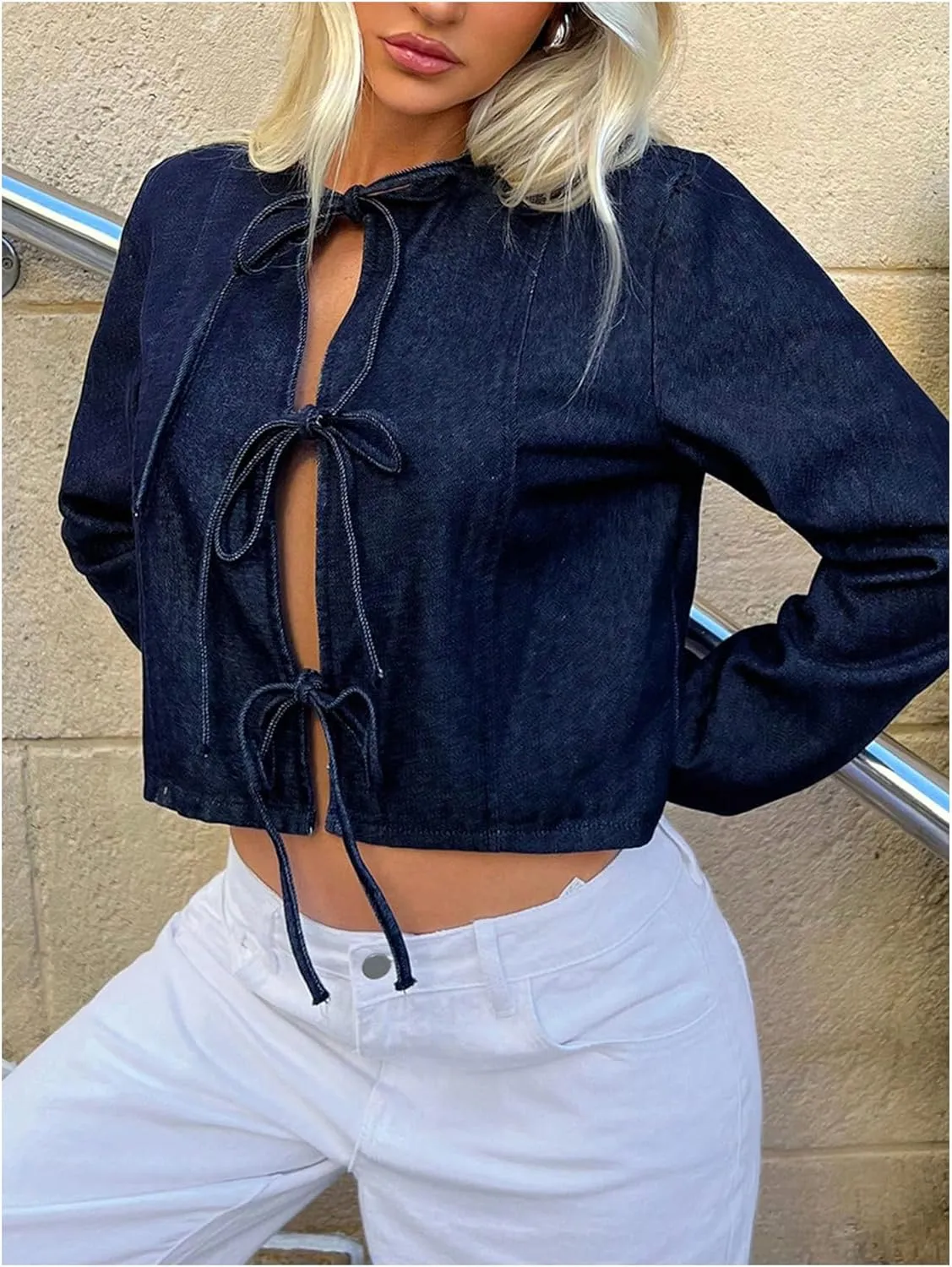 MakeMeChic Women's Bow Tie Front Denim Jacket Y2k Long Sleeve Jean Jacket Outerwear