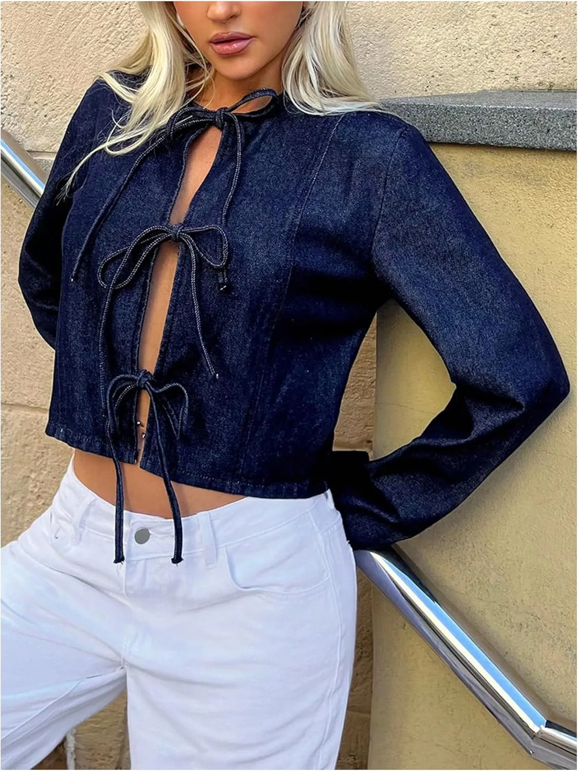 MakeMeChic Women's Bow Tie Front Denim Jacket Y2k Long Sleeve Jean Jacket Outerwear