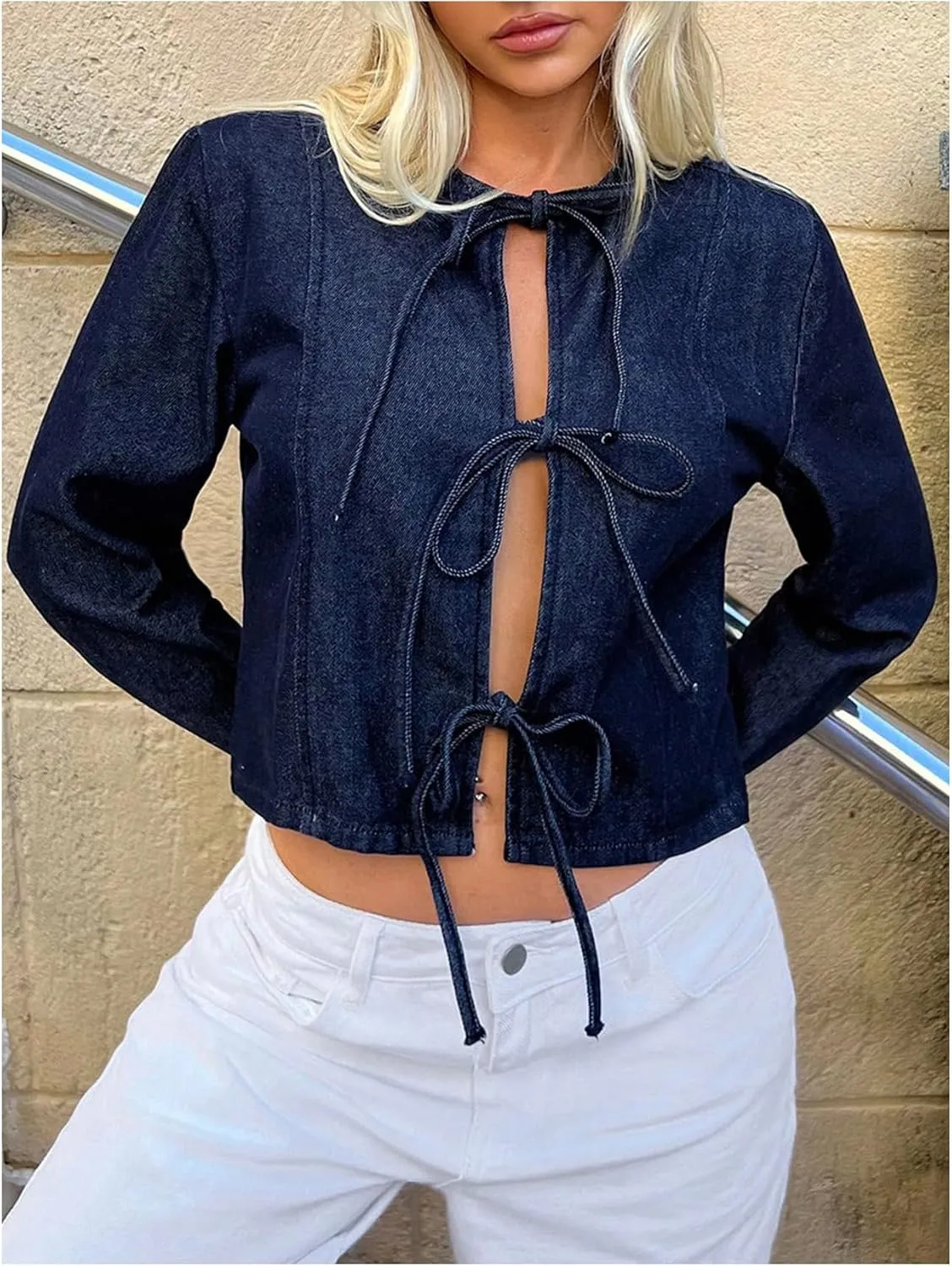 MakeMeChic Women's Bow Tie Front Denim Jacket Y2k Long Sleeve Jean Jacket Outerwear