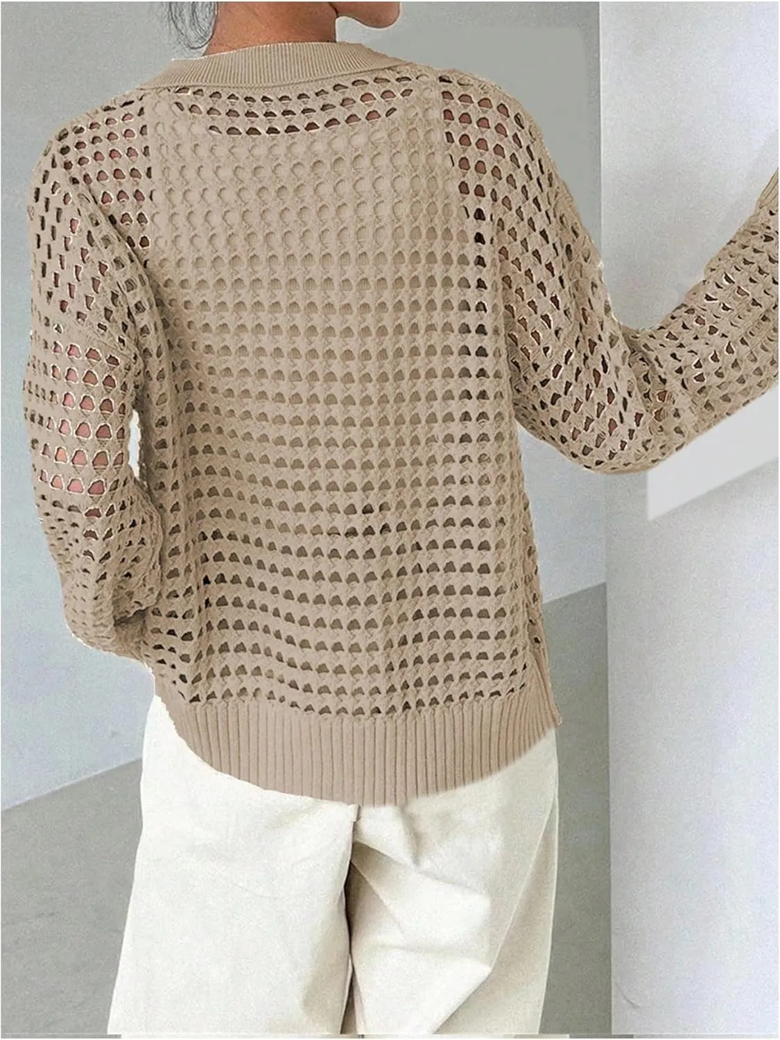 MakeMeChic Women's Collared Hollow Out Button Down Cardigan Sweater Long Sleeve Drop Shoulder Outerwear