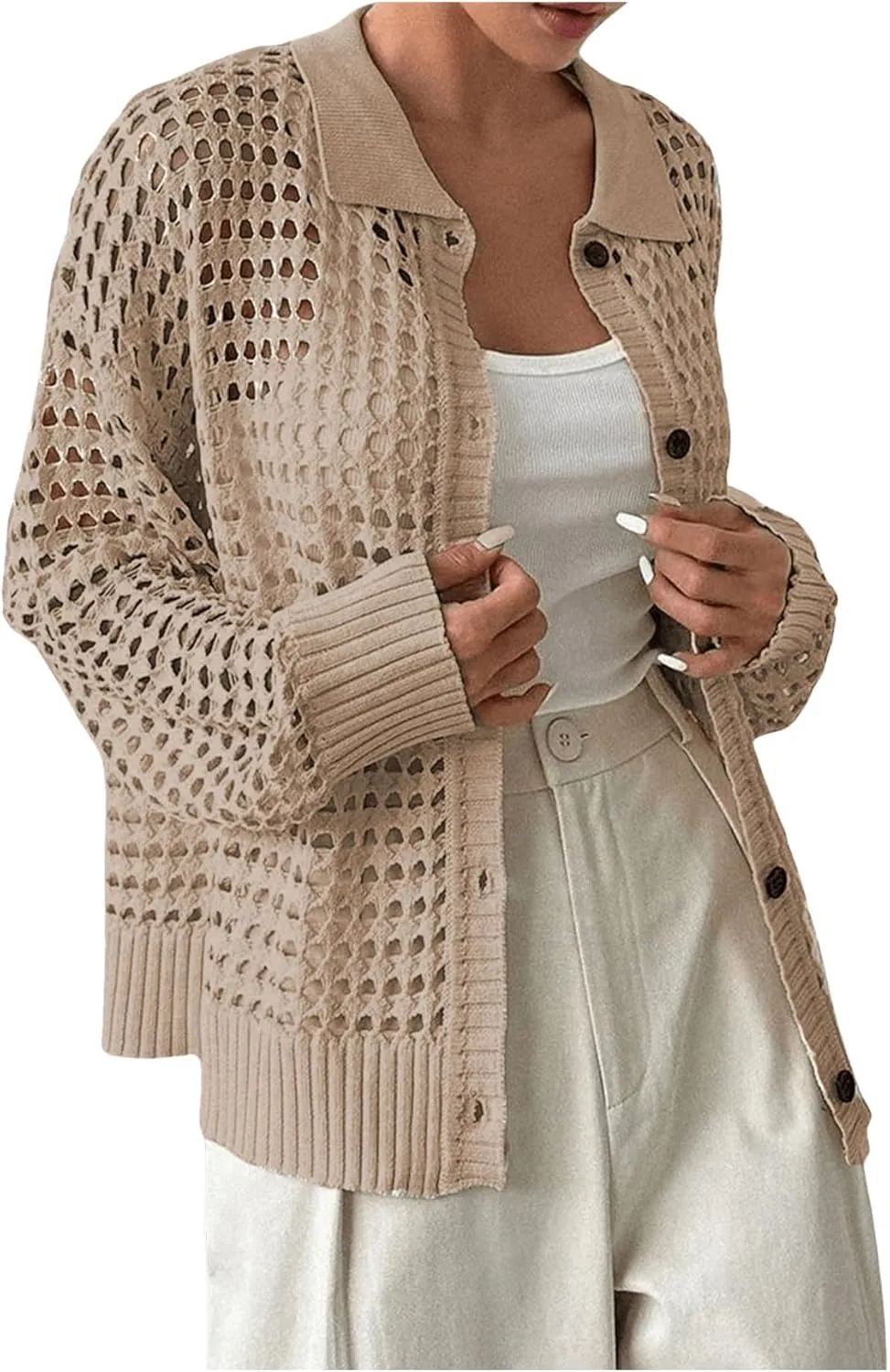 MakeMeChic Women's Collared Hollow Out Button Down Cardigan Sweater Long Sleeve Drop Shoulder Outerwear