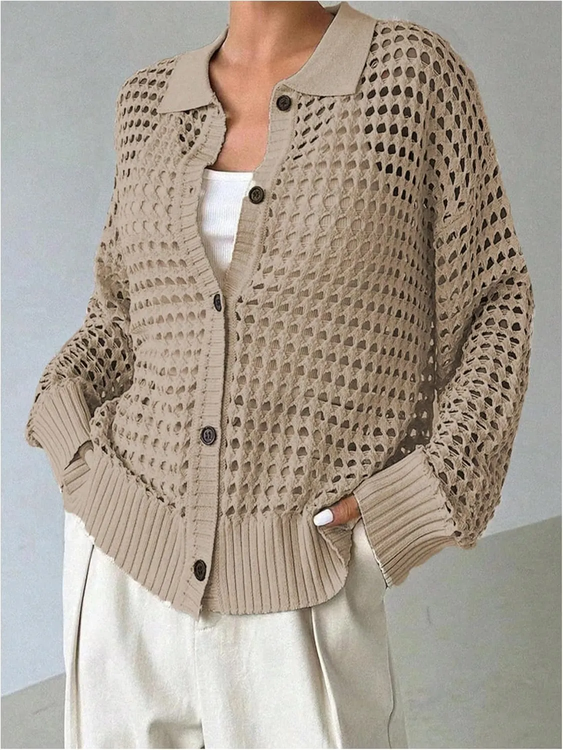 MakeMeChic Women's Collared Hollow Out Button Down Cardigan Sweater Long Sleeve Drop Shoulder Outerwear