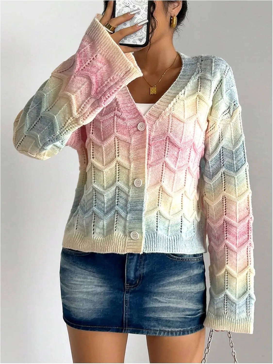 MakeMeChic Women's Colorful V Neck Cardigan Sweater Long Sleeve Knit Cardigans Outerwear