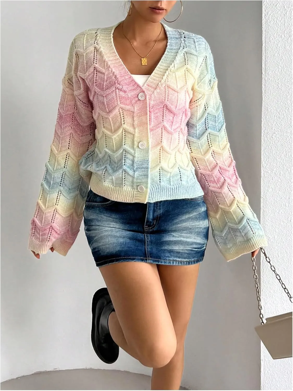 MakeMeChic Women's Colorful V Neck Cardigan Sweater Long Sleeve Knit Cardigans Outerwear