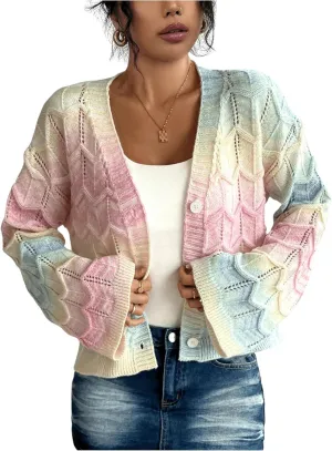 MakeMeChic Women's Colorful V Neck Cardigan Sweater Long Sleeve Knit Cardigans Outerwear