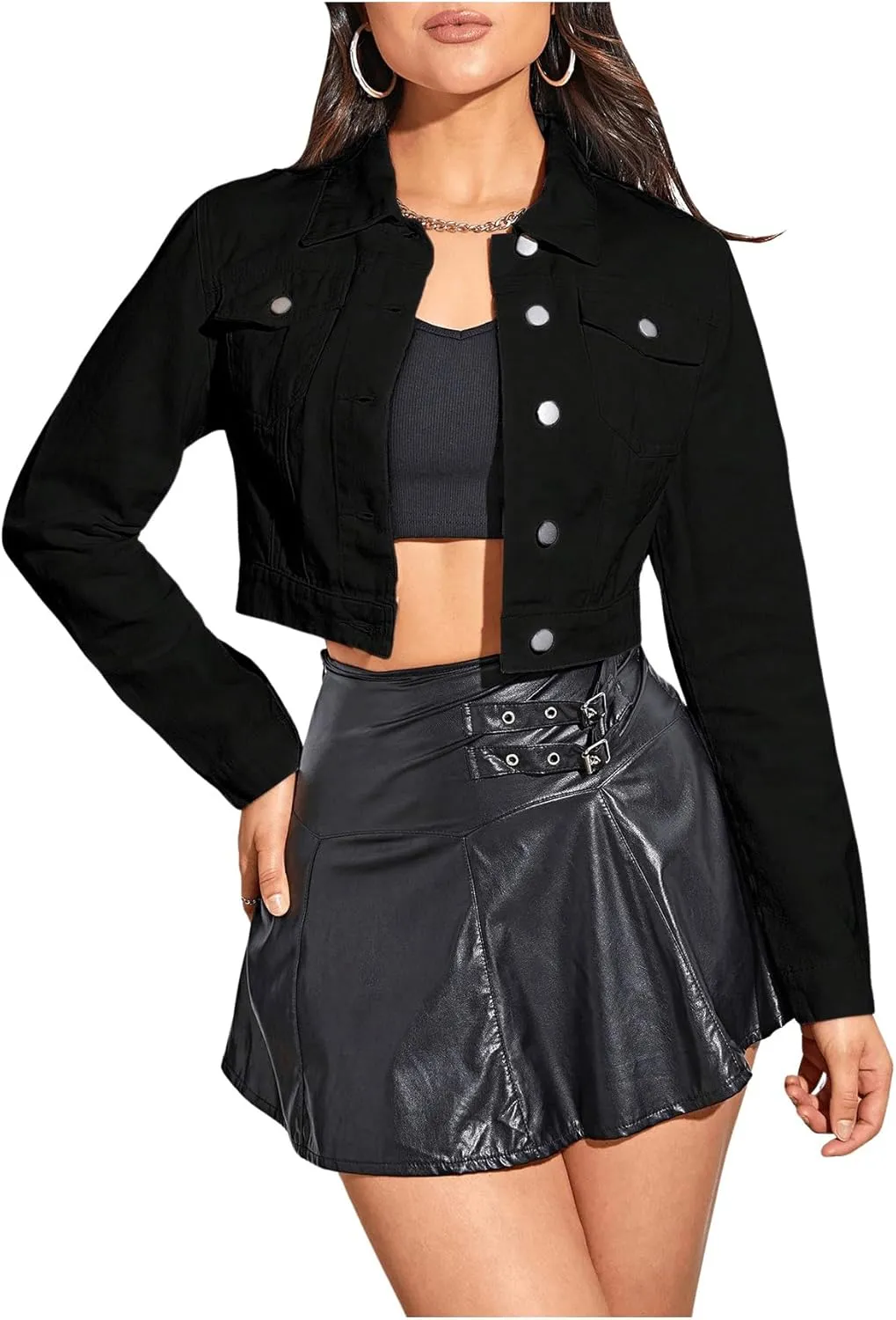 MakeMeChic Women's Cropped Denim Jackets Long Sleeve Collar Neck Button Down Coats Outerwear