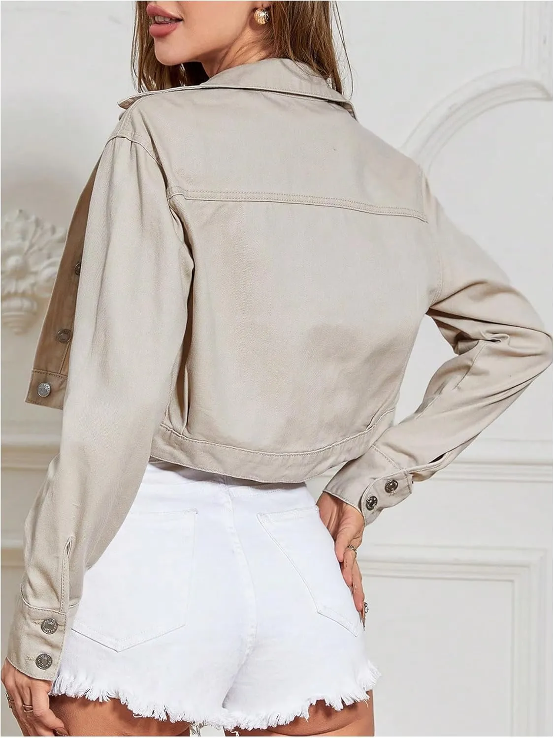 MakeMeChic Women's Denim Jacket Button Down Collared Long Sleeve Outerwear Crop Jackets
