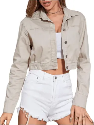 MakeMeChic Women's Denim Jacket Button Down Collared Long Sleeve Outerwear Crop Jackets