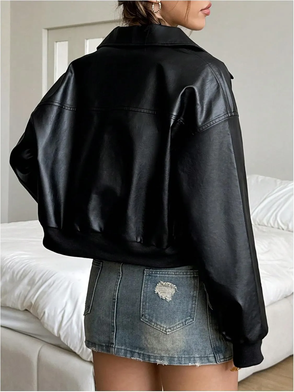 MakeMeChic Women's Faux Leather Jacket Crop Zip Up Long Sleeve Drop Shoulder Motorcycle Jacket Outerwear