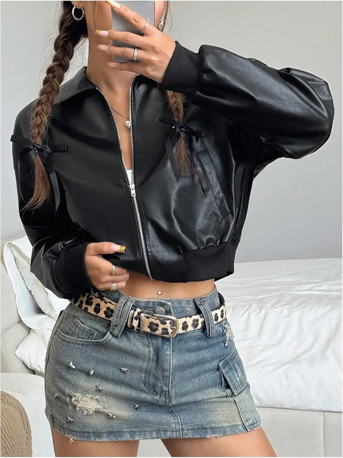 MakeMeChic Women's Faux Leather Jacket Crop Zip Up Long Sleeve Drop Shoulder Motorcycle Jacket Outerwear