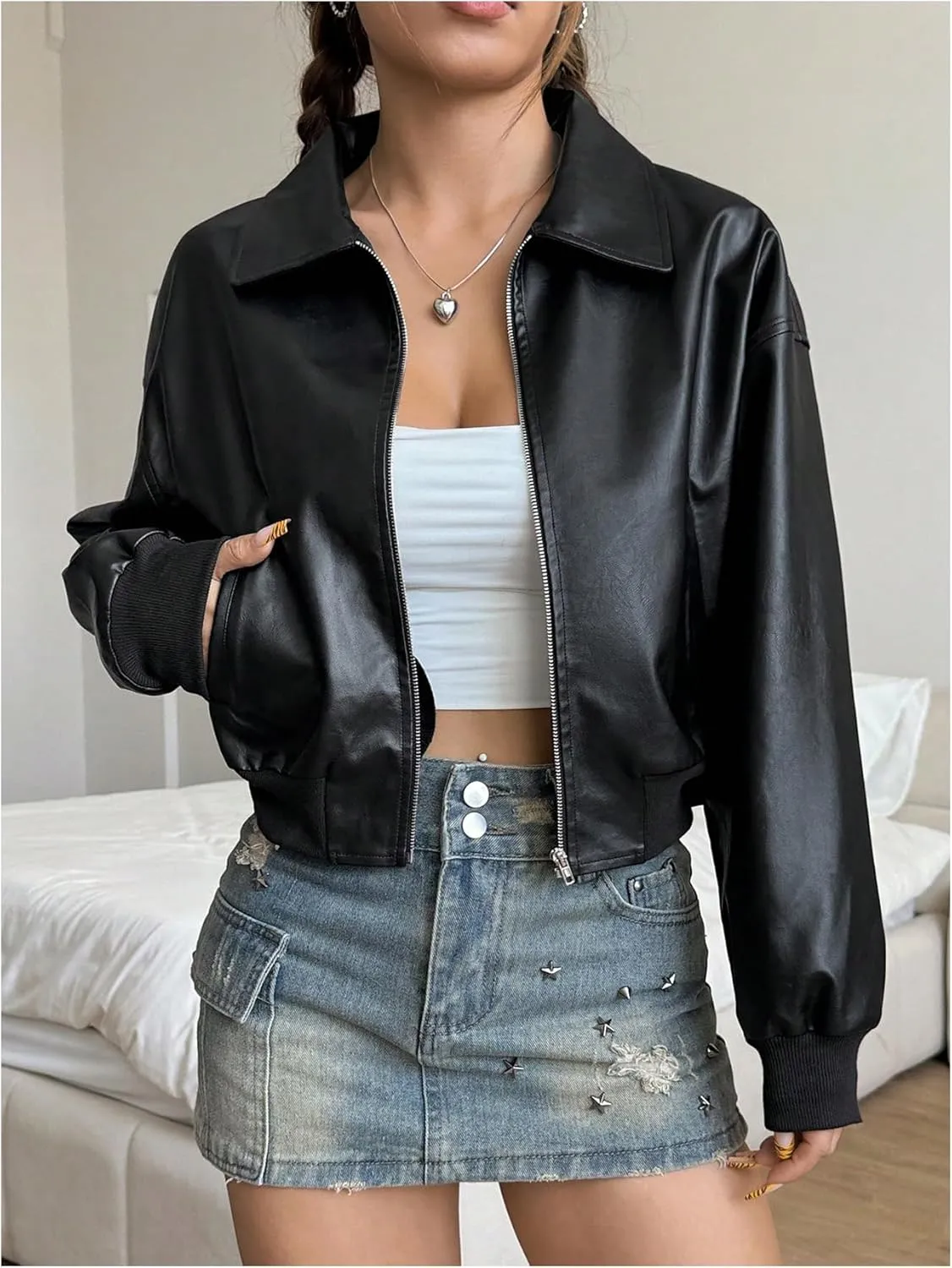 MakeMeChic Women's Faux Leather Jacket Crop Zip Up Long Sleeve Drop Shoulder Motorcycle Jacket Outerwear