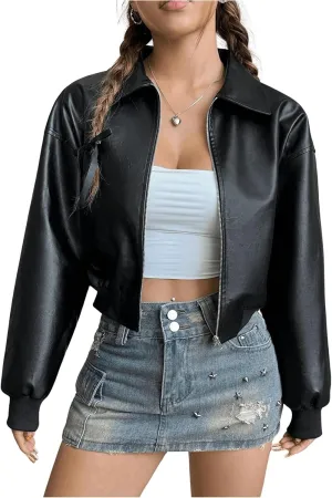 MakeMeChic Women's Faux Leather Jacket Crop Zip Up Long Sleeve Drop Shoulder Motorcycle Jacket Outerwear