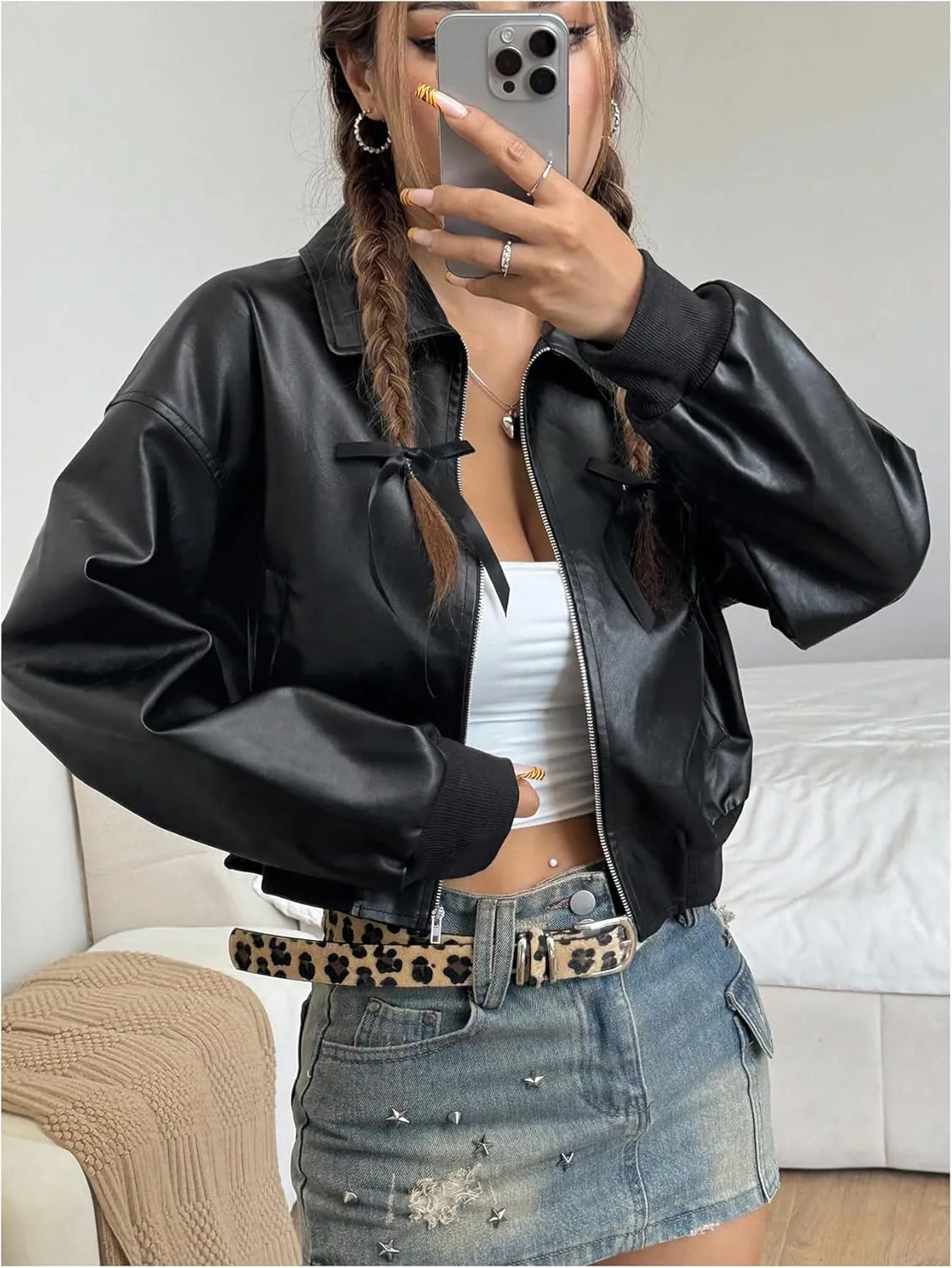 MakeMeChic Women's Faux Leather Jacket Crop Zip Up Long Sleeve Drop Shoulder Motorcycle Jacket Outerwear
