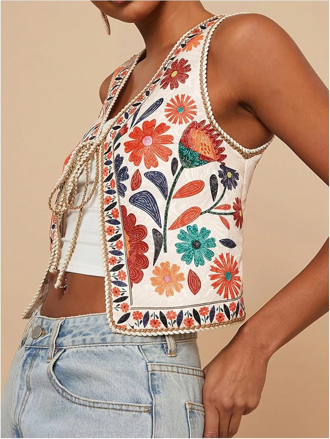 MakeMeChic Women's Floral V Neck Tank Top Sleeveless Tie Front Boho Vest