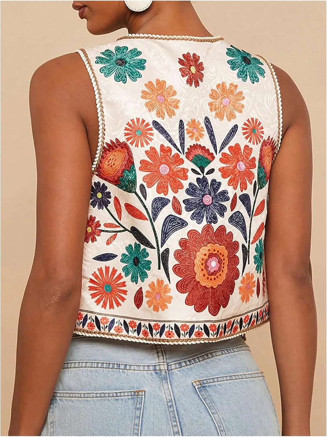 MakeMeChic Women's Floral V Neck Tank Top Sleeveless Tie Front Boho Vest