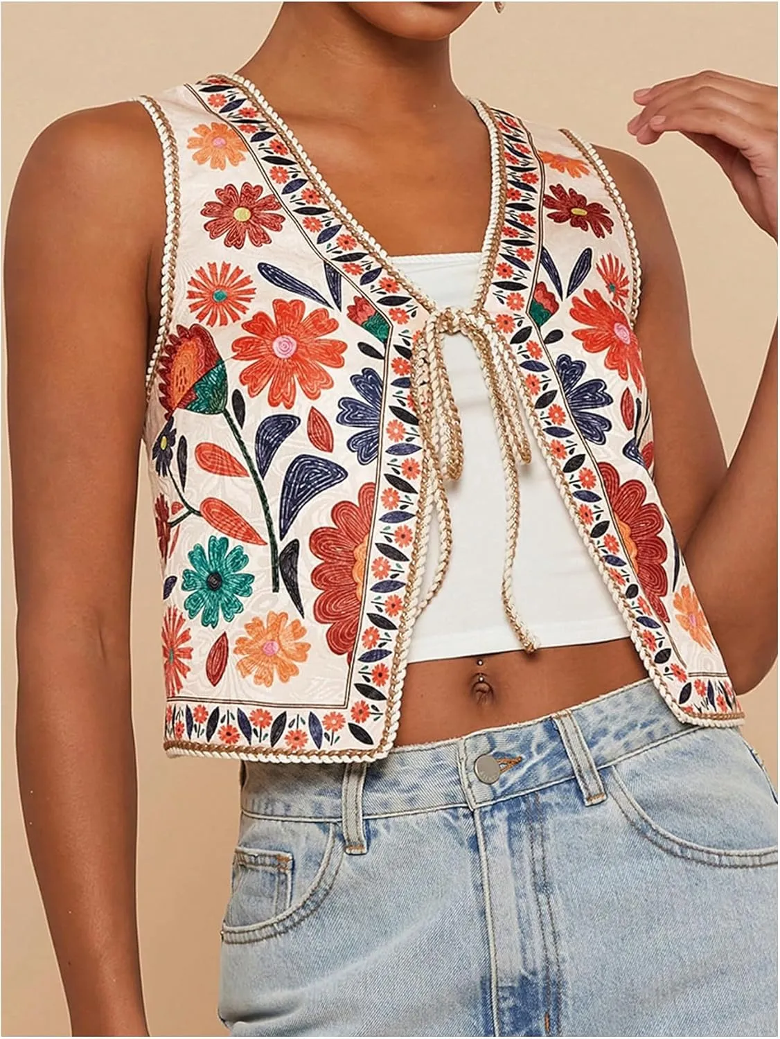 MakeMeChic Women's Floral V Neck Tank Top Sleeveless Tie Front Boho Vest