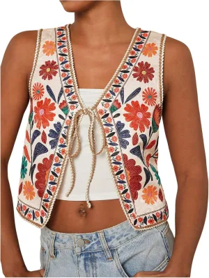 MakeMeChic Women's Floral V Neck Tank Top Sleeveless Tie Front Boho Vest