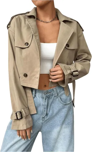 MakeMeChic Women's Long Sleeve Cropped Trench Coats Double Breasted Lapel Neck Jacket Outerwear