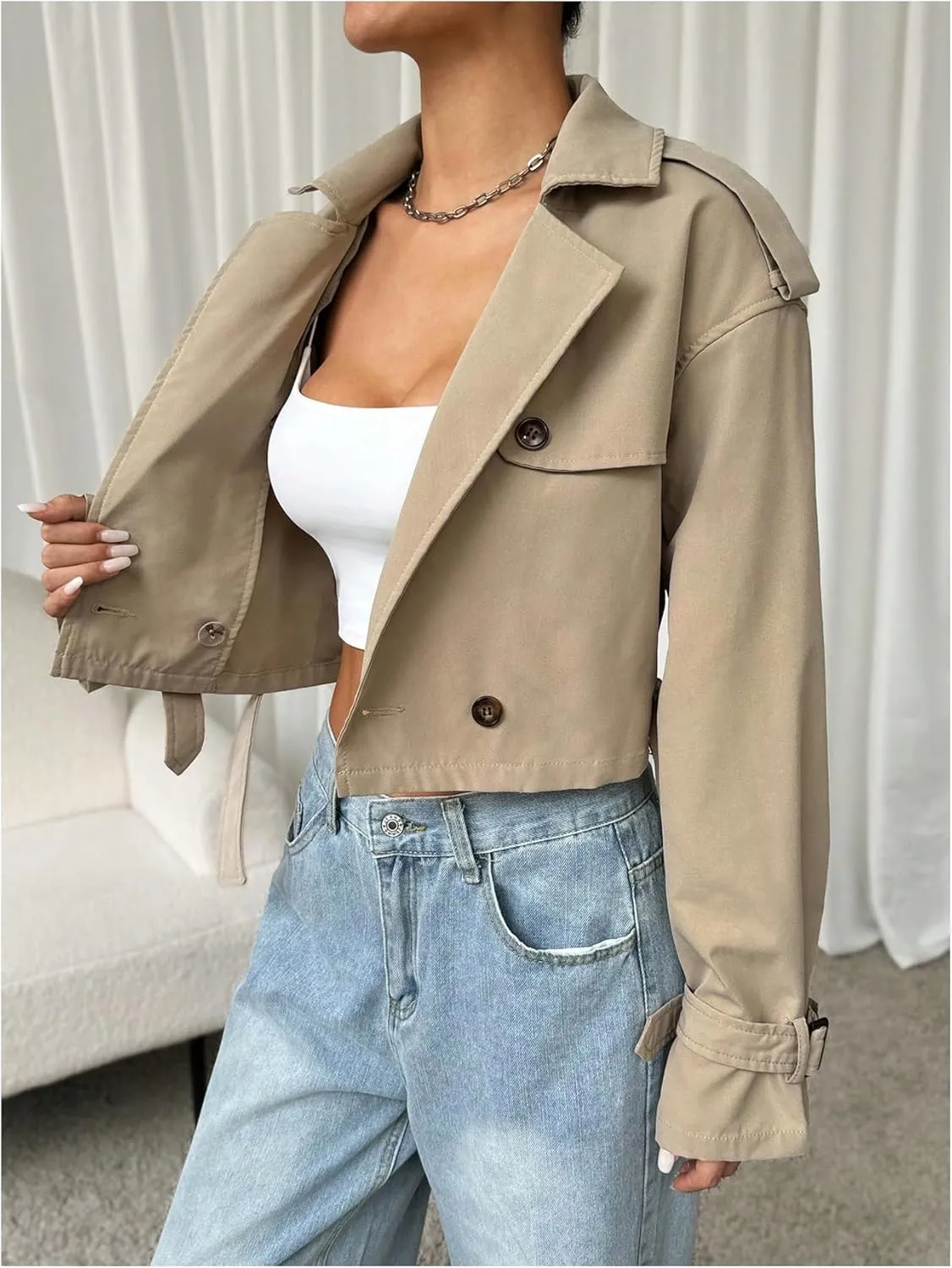 MakeMeChic Women's Long Sleeve Cropped Trench Coats Double Breasted Lapel Neck Jacket Outerwear