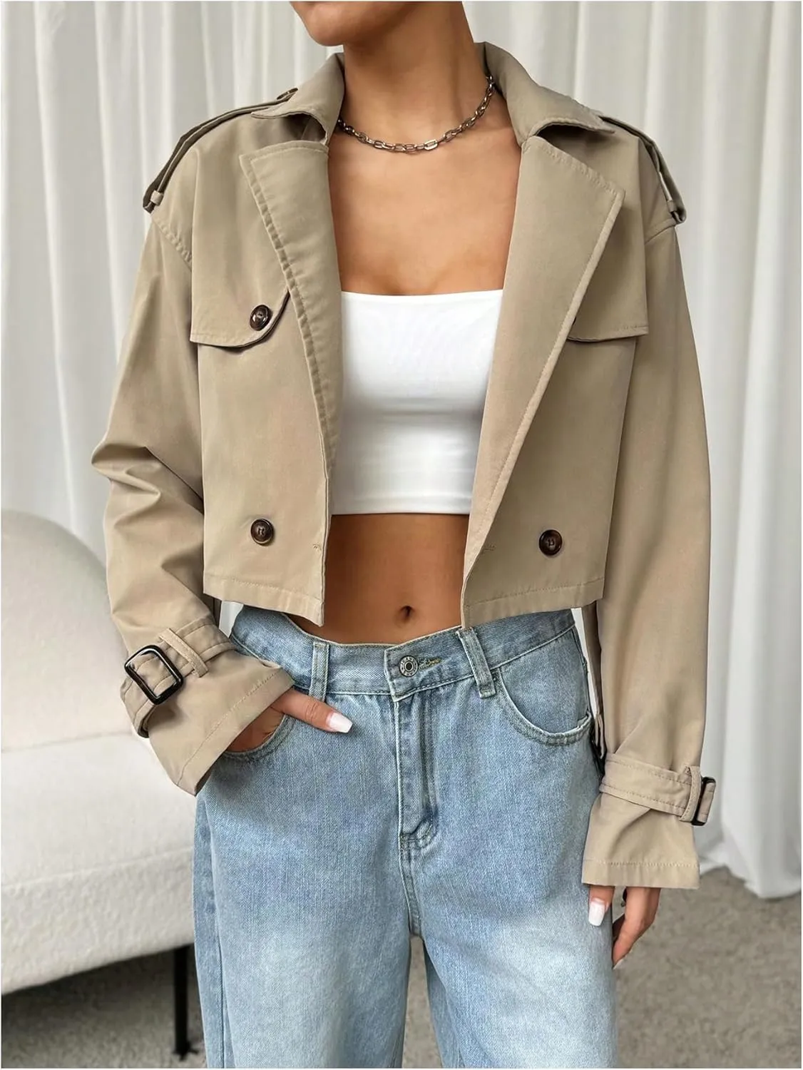 MakeMeChic Women's Long Sleeve Cropped Trench Coats Double Breasted Lapel Neck Jacket Outerwear