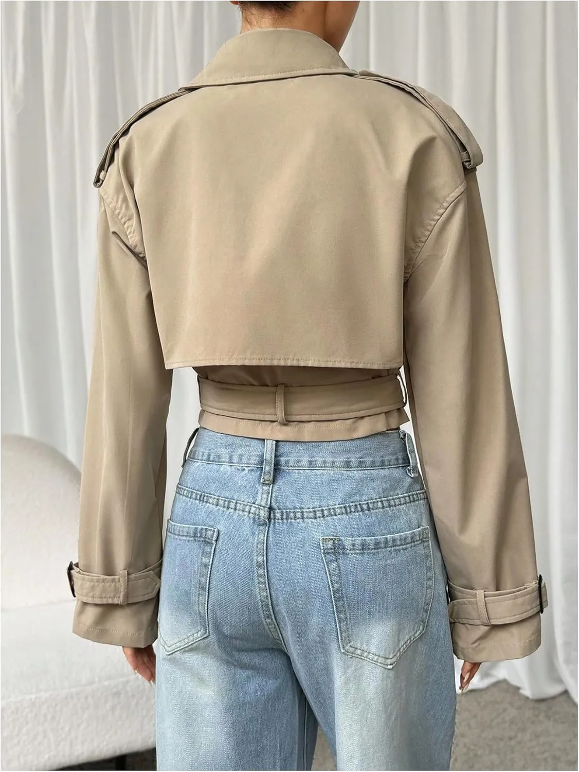 MakeMeChic Women's Long Sleeve Cropped Trench Coats Double Breasted Lapel Neck Jacket Outerwear