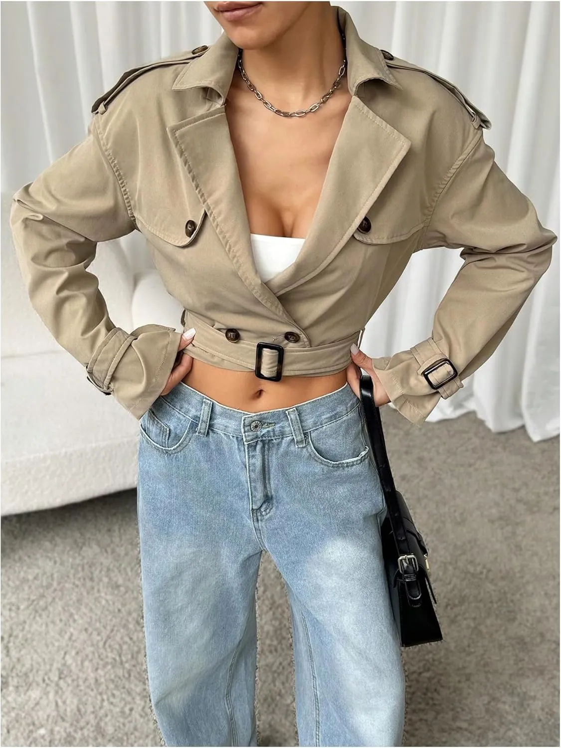 MakeMeChic Women's Long Sleeve Cropped Trench Coats Double Breasted Lapel Neck Jacket Outerwear
