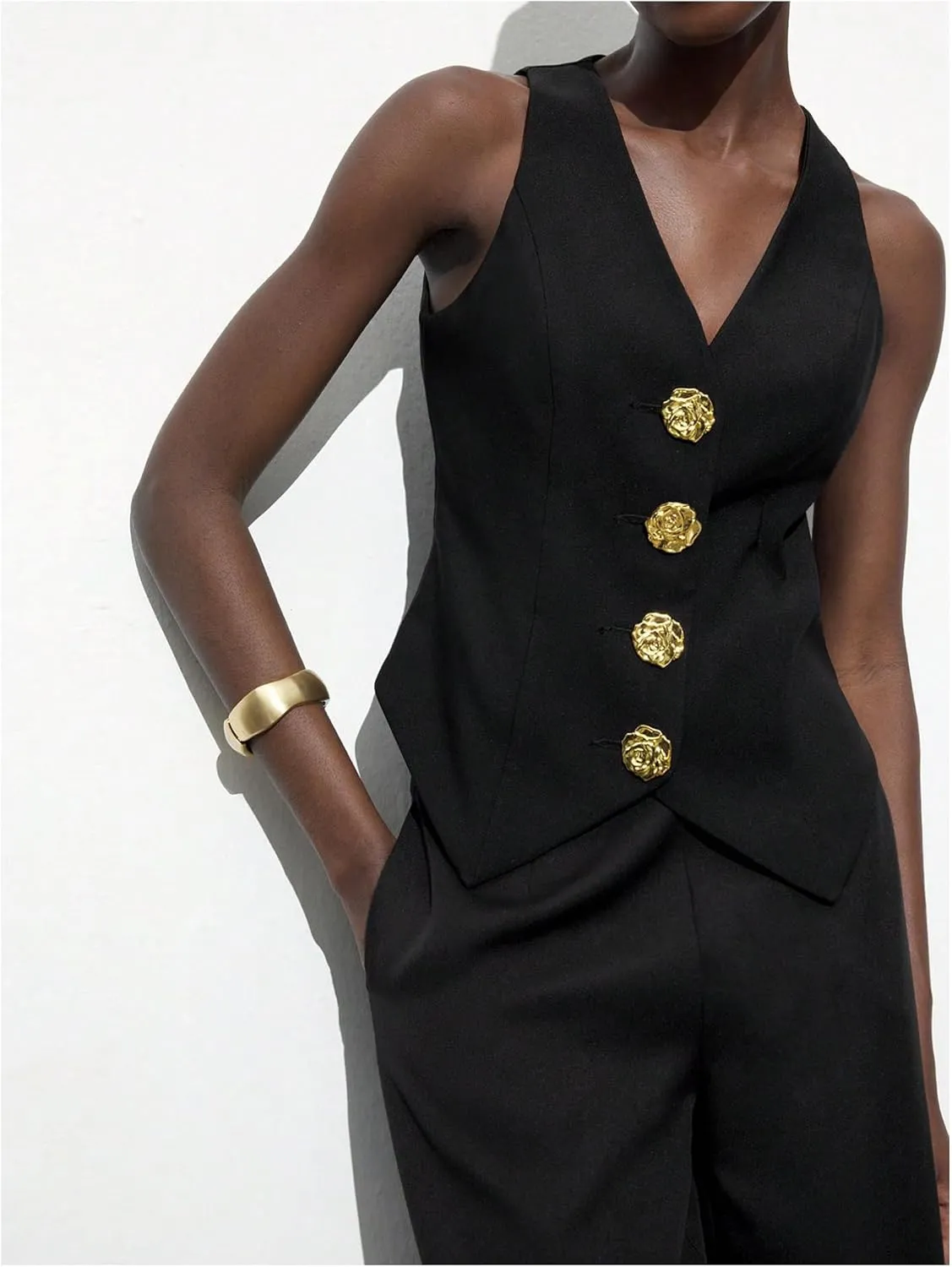 MakeMeChic Women's Metal 3D Flower Blazer Vests V Neck Sleeveless Office Outerwear