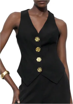 MakeMeChic Women's Metal 3D Flower Blazer Vests V Neck Sleeveless Office Outerwear