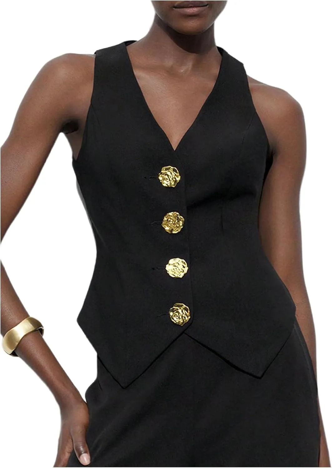 MakeMeChic Women's Metal 3D Flower Blazer Vests V Neck Sleeveless Office Outerwear