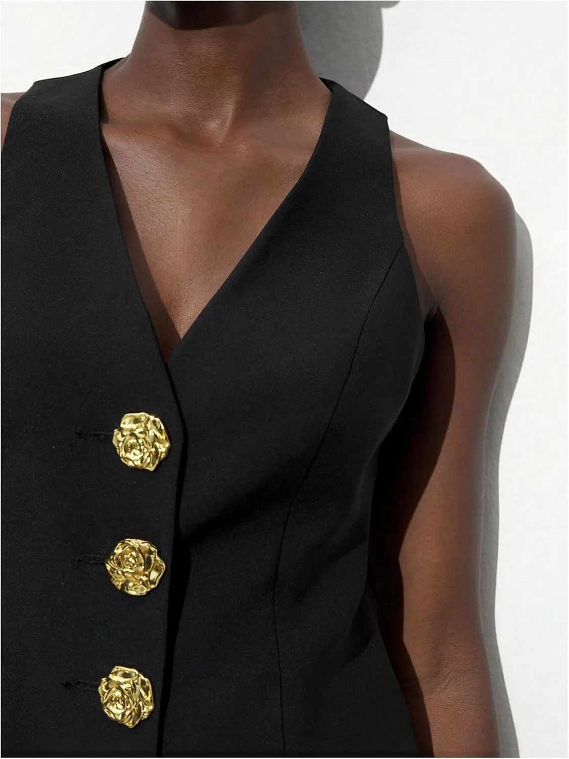 MakeMeChic Women's Metal 3D Flower Blazer Vests V Neck Sleeveless Office Outerwear
